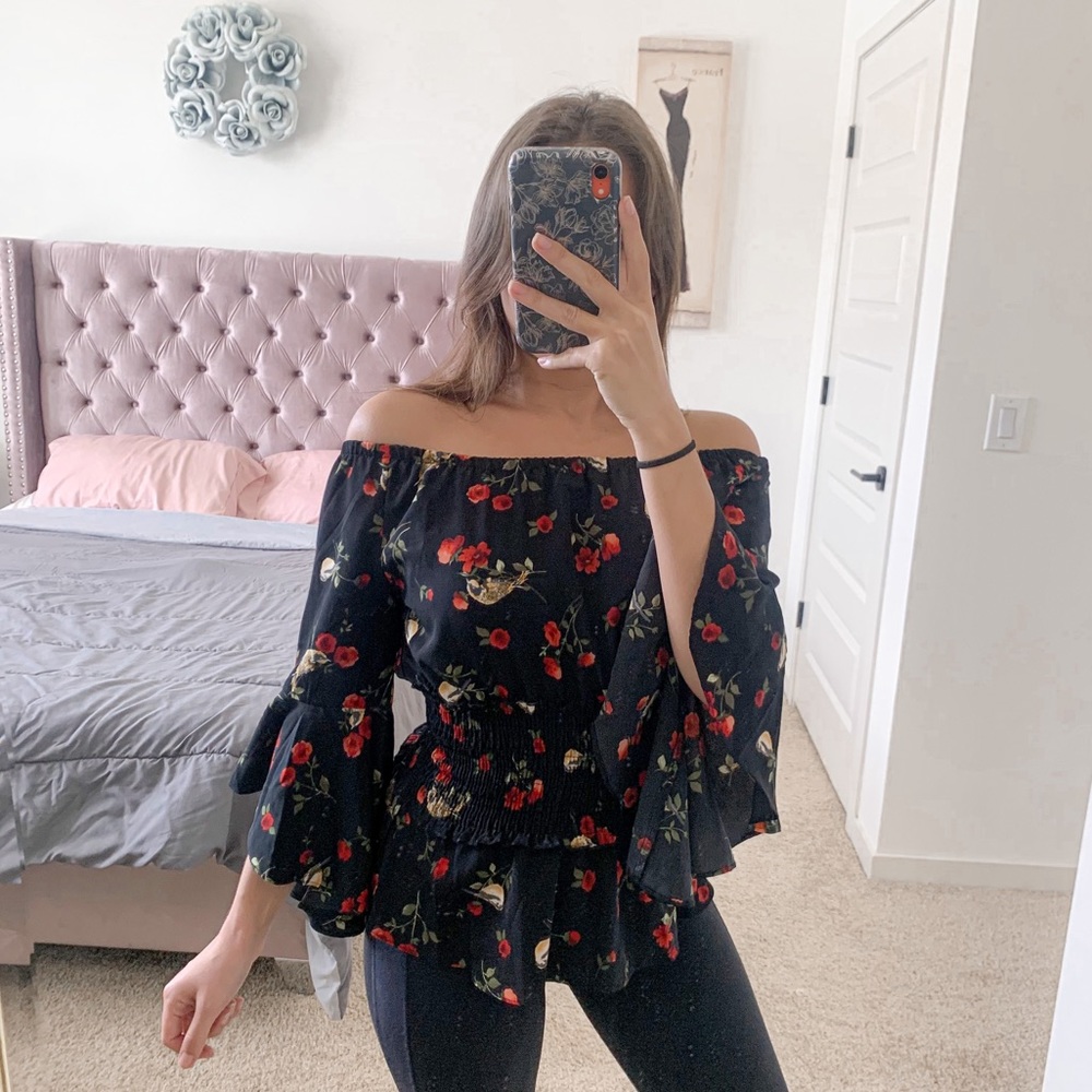 Timing Black Floral Print Smocked Waist Off Shoulder Ruffle Sleeve Peplum Top - Picture 2 of 5